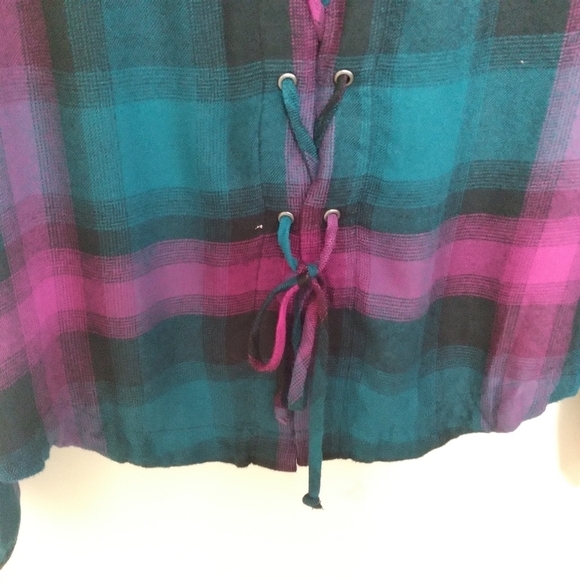 Anthropologie Cloth and Stone Pink and Teal Plaid Lace Up Back Top Size Small - Picture 10 of 13